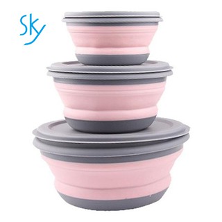 3Pcs/Set Bowl Sets Silicone Folding Lunch Box Folding Portable Silicone Folding Bowl Foldable Salad Bowl with Lid Pink