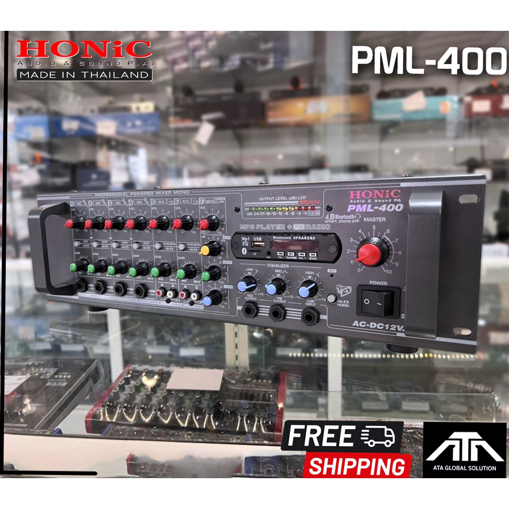 เครื่องขยาย HONIC PML-400 กำลังขับ 400W เครื่องขยายประกาศใช้กับลำโพงฮอร์นและตู้ลำโพงมี USB,บลูทูธ มี