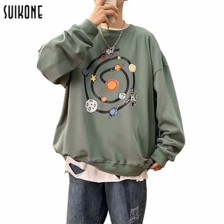 Suikone เสื้อสเวตเตอร์พิมพ์ลายการ์ตูนสำหรับผู้ชาย หล่อ อเนกประสงค์ ลำลอง และหลวม