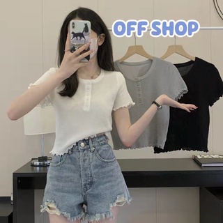 OFF SHOP พร้อมส่ง (OFF-3047)   เสื้อยืดแขนสั้นไหมพรม ดีเทลหยักปลายระบายน่ารัก