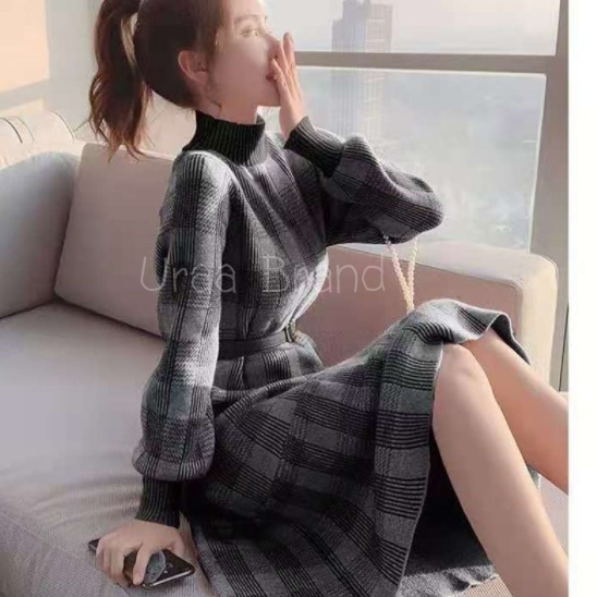 2 สี ((พร้อมส่ง)) เดรสไหมพรม เดรสยาว พร้อมเข็มขัด รุ่น เดรสไหมพรม + เข็มขัด Long Sweater Hiso Scott Dress