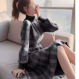 2 สี ((พร้อมส่ง)) เดรสไหมพรม เดรสยาว พร้อมเข็มขัด รุ่น  เดรสไหมพรม + เข็มขัด Long Sweater Hiso Scott Dress