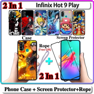 2 IN 1 เคส Infinix Hot 9 Play พร้อมกระจกนิรภัยโค้ง ป้องกันหน้าจอเซรามิค นารูโตะ และ One Piece