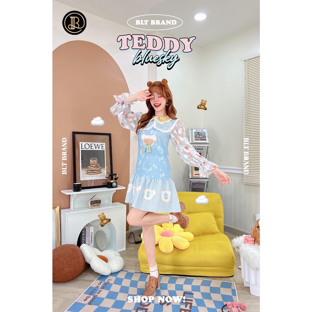 BLT BRAND การันตีเสื้อผ้าแบรนด์แท้ มินิเดรสสีฟ้าแขนยาวลายน้องหมี TEDDY BLUESKY