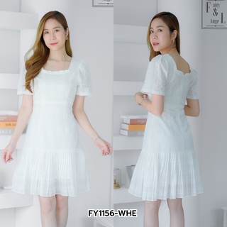 (XL) เดรสสั้นคอเหลี่ยม ช่วงเอวแต่งแถบลูกไม้ ชายระบายพรีท สีขาว IFY1156