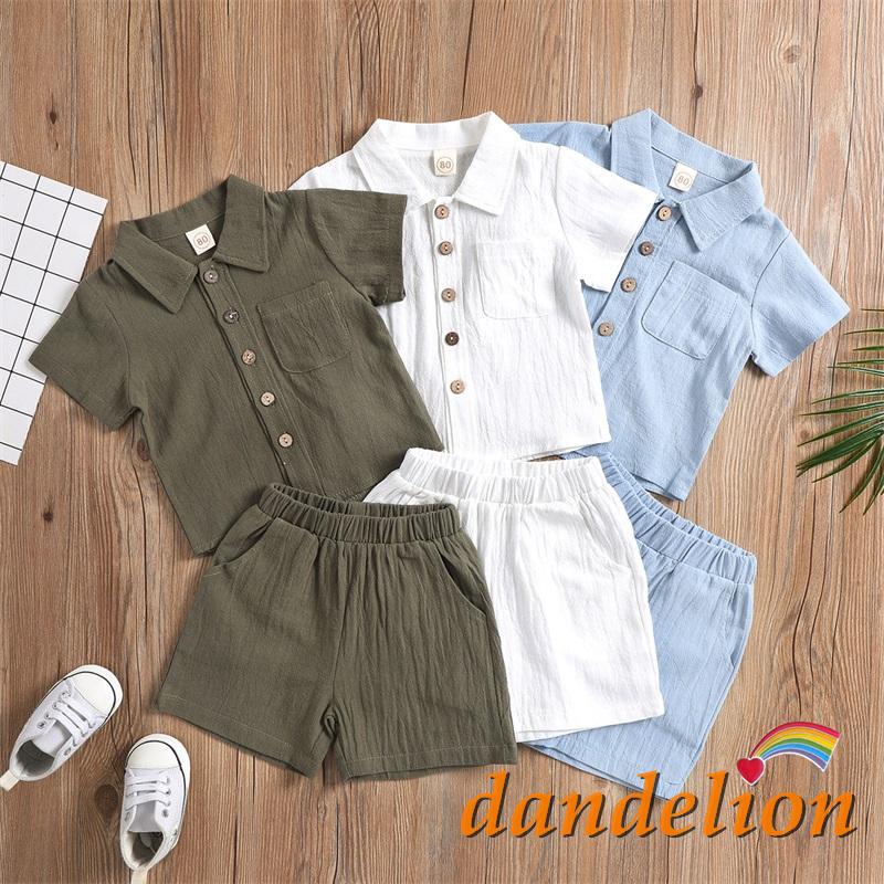 Dandelion-6months-4years ชุดเด็กทารก, ฤดูร้อนฤดูใบไม้ร่วงสีทึบปกแขนสั้นเสื้อกระดุมแถวเดียว + กางเกงข