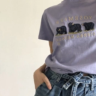 Bh เสื้อยืด แขนสั้น ผ้าฝ้าย ลายหมี สไตล์เกาหลี แฟชั่นฤดูร้อน สําหรับผู้หญิง
