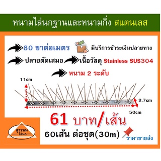 หนามกันนก หนามไล่นก หนามกันนกชนิดสเเตนเลสล้วน 100 %  bird spike ชนิด 80 ขา ชุด จำนวน 30 เมตร **ราคา 61บาท ต่อเส้น*