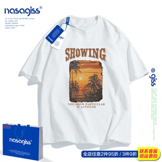 NASA joint เสื้อยืดแขนสั้นผู้หญิงฤดูร้อนยุโรปและอเมริกา street tide แบรนด์ด้านหน้าไหล่หลวมผ้าฝ้ายคู่ topsวินเทจเสื้อยืดแ