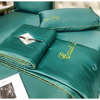 kks 0002 ชุดผ้าปูที่นอนผ้าแพร 3.5 ฟุต 4 ชิ้น พร้อมปลอกผ้านวมหนา 8 ฟุต วินเทจ 05 เขียวเข้ม
