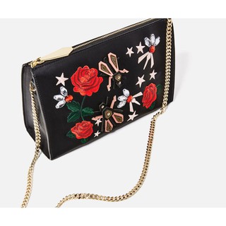 ZARA EMBROIDERED ROSE &amp; JEWEL DETAIL BLACK CLUTCH BAG PURSE WITH CHAIN STRAP แท้ 100% 👉เช็คก่อนกดสั่ง