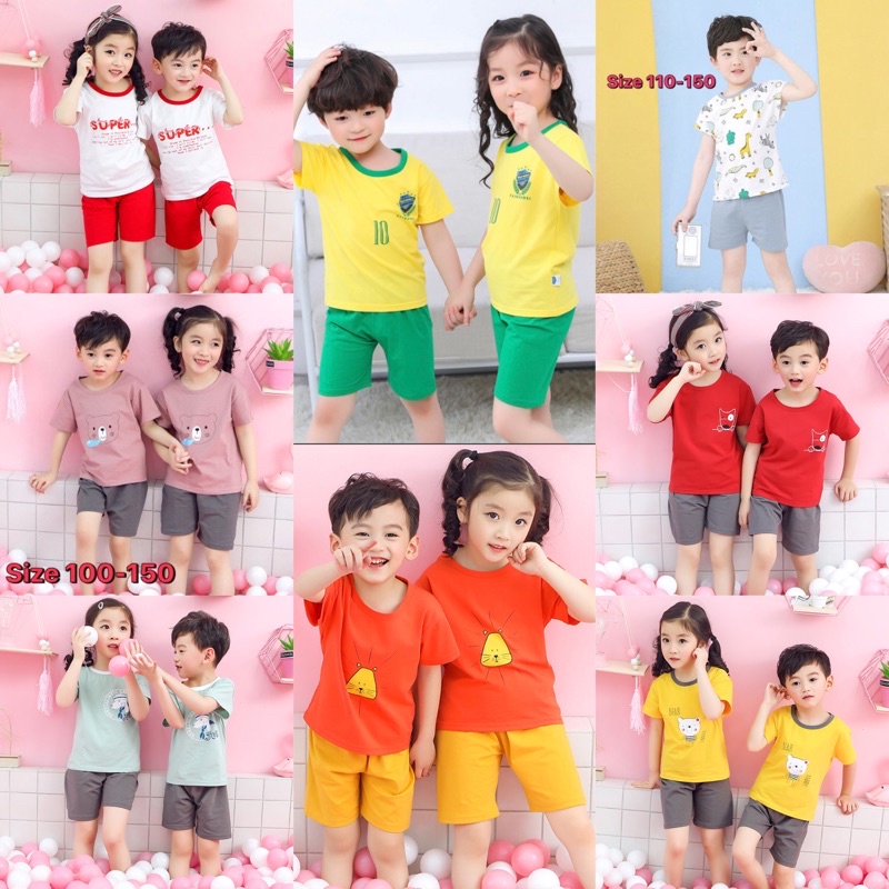 ชุดเด็กหญิงชายขาสั้น ผ้า cotton ลายพื้นเรียบมีการ์ตูนที่อก