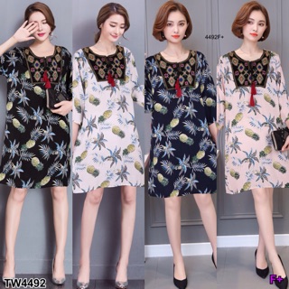 TwinsShopVip💗พร้อมส่ง TW4492 เดรสลวดลายสับปะรด Pineapple Pattern Dress