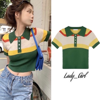 Lady_Girl⚡️1388/AC.E#เสื้อแฟชั่นไหมพรมแขนสั้น#เสื้อครอปคอปก ลายทางกระดุมหน้า 4 เม็ด