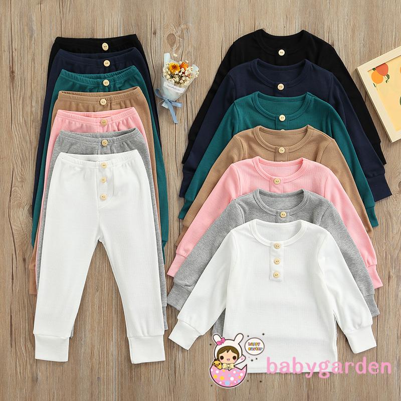 1-6ปี ไม่จํากัดเพศ ชุดนอนเด็กชุดเสื้อผ้า,สีทึบรอบคอเสื้อแขนยาว + กางเกงขายาวสําหรับฤดูใบไม้ผลิฤดูใบไม้ร่วง