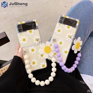 Jusheng เคสโทรศัพท์มือถือ ฝาพับ ลายดอกไม้หน้ายิ้ม พร้อมช่องใส่บัตร แฟชั่น สําหรับ Samsung Z Flip4 Z Flip3 Z Flip2 Z