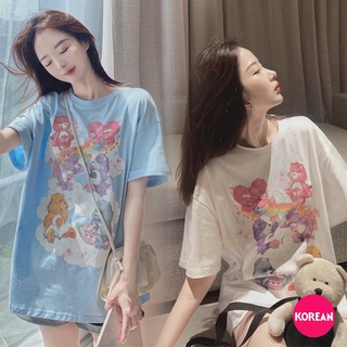 🎀Korean Fashion🎀เสื้อยืดคอกลมแขนสั้น ทรงโอเวอร์ไซส์ สกรีนลายหมีแคร์แบร์ ผ้านิ่มเด้ง 2 สี แฟชั่น