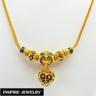 Inspire Jewelry (NN) ,สร้อยคอทองสังวาลย์ ลายสี่เสา ลงยาคุณภาพ ห้อยหัวใจ หุ้มทองแท้ น้ำหนัก 2 บาท พร้อมถุงกำมะหยี่