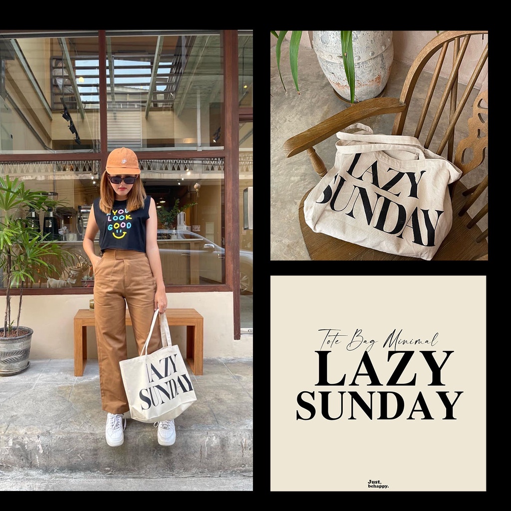 Justbehappy - Tote Bag - กระเป๋าผ้าลาย LAZY SUNDAY