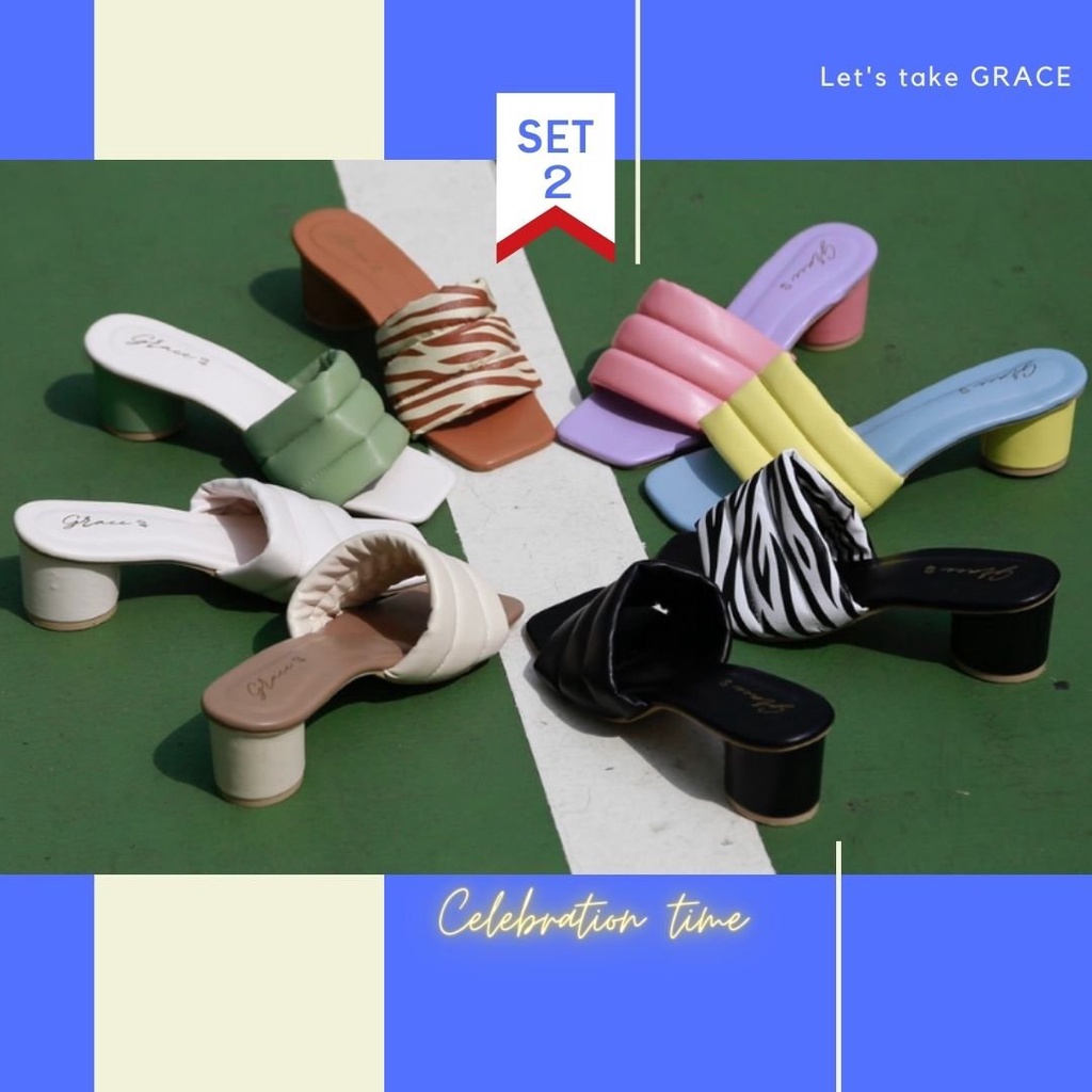 GRACE 3ปล้อง SET2 ไซส์ 36-43 รองเท้าผู้หญิงเปิดส้น แตะส้นสูง 2 นิ้ว รองเท้าแฟชั่น หนังนิ่มมากๆ
