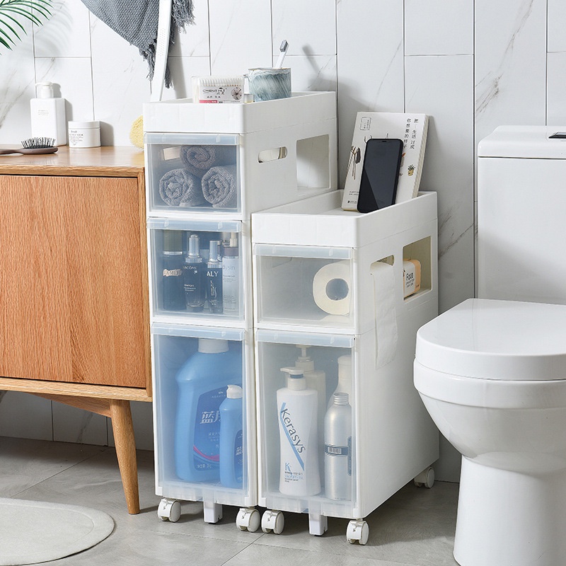 Plastic storage shelf ชั้นวางของ มีล้อ สำหรับเก็บของในที่แคบ ประหยัดพื้นที่ มี 2 ชั้น 3 ชั้น 4 ชั้น