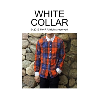 White Collar Shirt เสื้อเชิ้ต ปกสีขาว ลายสก็อต สีส้ม