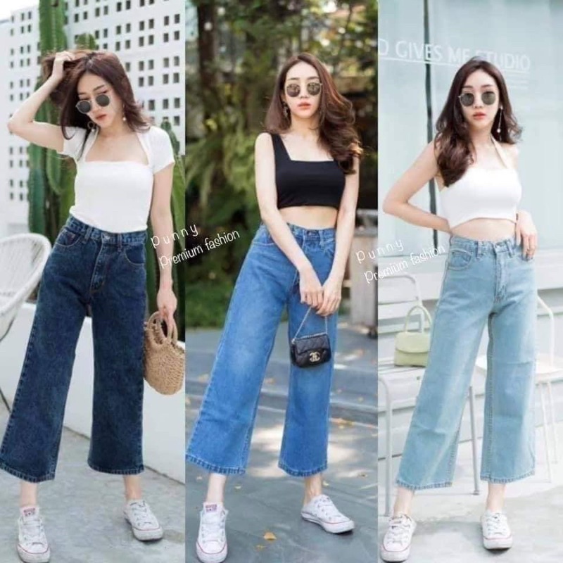 กางเกงยีนส์ทรงกระบอกใหญ่ 7ส่วน เอวสูง ผ้าไม่ยืด – โปรปัง