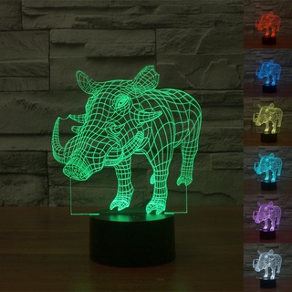 Warthog โคมไฟตั้งโต๊ะ LED รูปหมูป่า 3D ไล่โทนสี 7 สี ชาร์จ USB