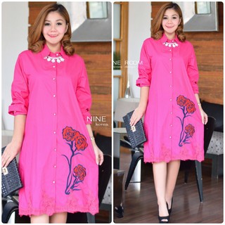 สีชมพู** รอบอก 44" D&amp;G 3D Rose Embroider with Premium Cotton ShirtDress