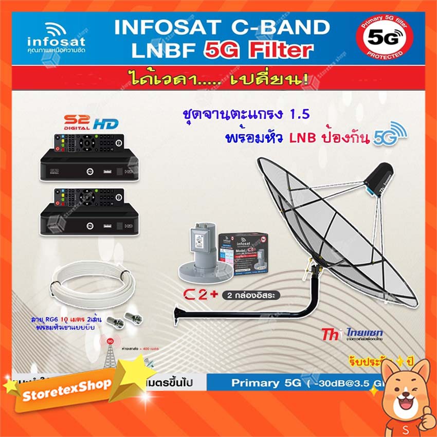 Thaisat 1.5M (ขางอยึดผนัง 120 cm.) + infosat 2จุด รุ่น C2+ (5G) + PSI S2 HD 2 กล่อง พร้อม สาย10 m.x2