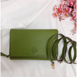 แท้💯📌 Tory Burch Thea Flat Wallet Pebbled Leather Crossbody Hand Bag