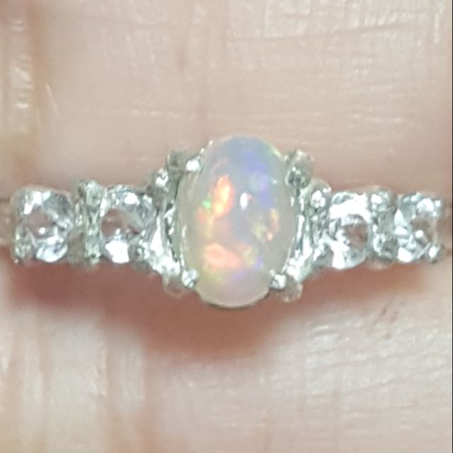 แหวนเงินแท้ โอปอลแท้ พลอยขาวแท้ Size 6 (Natural opal+white topaz ring)