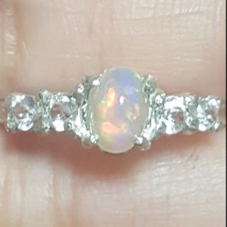 แหวนเงินแท้ โอปอลแท้ พลอยขาวแท้ Size 6 (Natural opal+white topaz ring)