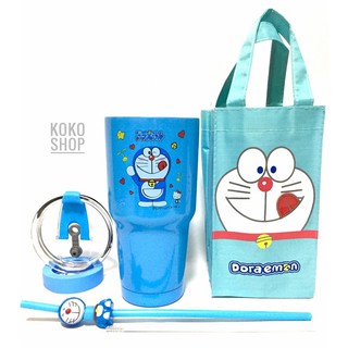 แก้วเก็บอุณหภูมิ ร้อน-เย็น แก้วเยติ ลาย Doraemon โดเรม่อน สีฟ้า ฟรี!!..ถุงใส่แก้ว พร้อม หลอดและยางรองแก้ว (คละสี)