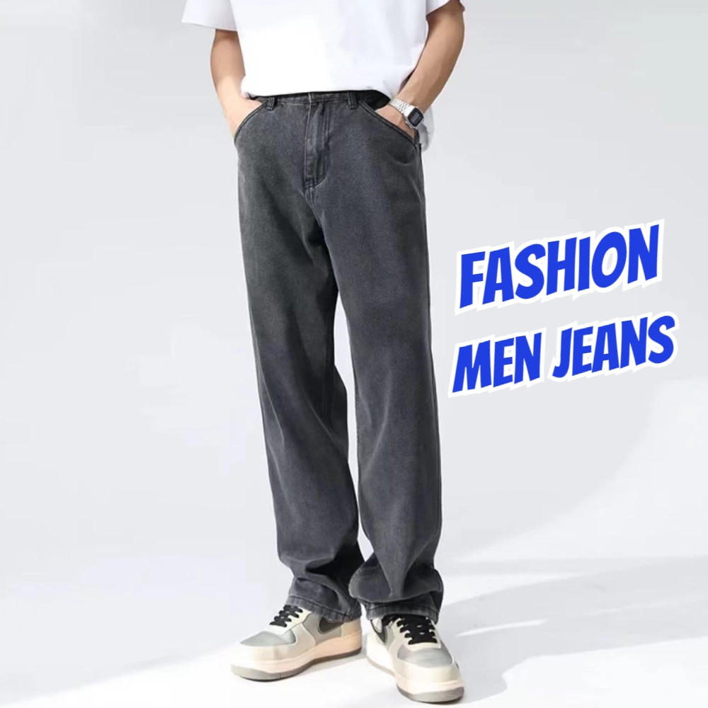 Suumer Casual Baggy Plus ขนาดหลวมตรงตัดสูงเอว Slack กางเกงยีนส์กางเกงผู้ชาย Seluar กางเกงยีนส์ Lelak