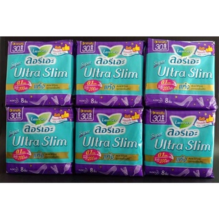 แพ็ค 6 ห่อ (8ชิ้น/1ห่อ) โซฟี ซุปเปอร์ อัลตร้า สลิม  ผ้าอนามัย กลางคืน มีปีก แห้ง ซึมซับมาก 200 เท่า 30ซม.
