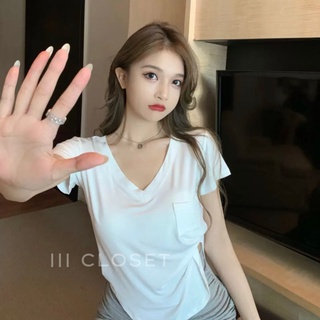 เสื้อยืด lll Freesize lll BA024 คอวี กระเป๋าหน้า เนื้อผ้าเรย่อน ผ้าดี หนา เด้ง ใส่สบาย ไม่ร้อน
