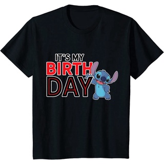 บางการ์ตูนKl เสื้อยืด ผ้าฝ้าย พิมพ์ลาย Disney Lilo and Stitch Happy Birthday สําหรับผู้ชาย ผู้หญิงสินค้าเฉพาะจุด