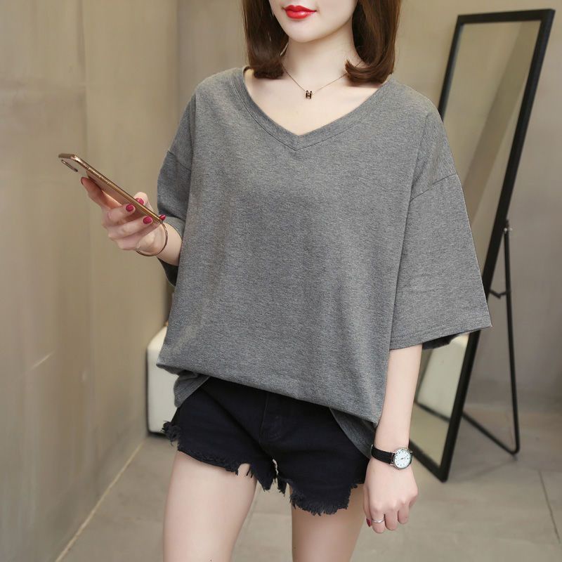 Oversize Tshirt(40-150kg) (8 สี) เกาหลีหลวมผู้หญิงขนาดบวกเสื้อยืดธรรมดาคอวีแขนสั้น Baggy Tops