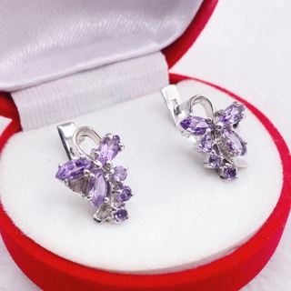 U6454 ต่างหูพลอยอเมทิสต์แท้ ( Amethyst ) แบบอิงลิชล็อค ตัวเรือนเงินแท้ 925 ชุบทองคำขาว