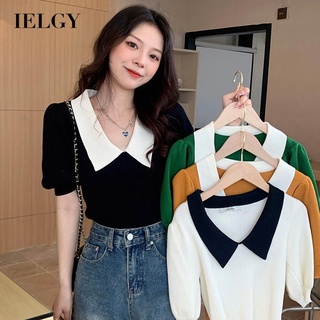 IELGY เสื้อกันหนาวถัก คอตุ๊กตา แขนสั้น แขนพัฟ ทรงสลิม สําหรับผู้หญิง