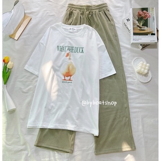 ชุดเซต เสื้อยืดoversize ลาย duck (สีขาว) + กางเกงลูกฟูก (สีเขียว)