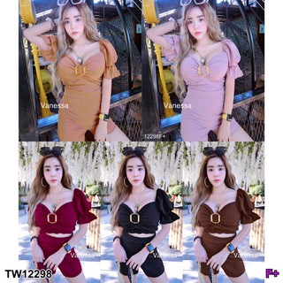 J12298 Set เสื้อครอปสม้อคหลัง+กางเกงขาสั้น