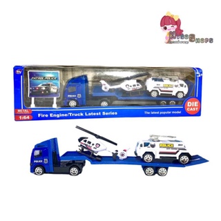 Fire Engine Truck Latest Series DIY Cast รถเหล็ก รถพ่วงขนรถบรรทุก และเฮลิคอปเตอร์และรถตำรวจสีขาว white-blue