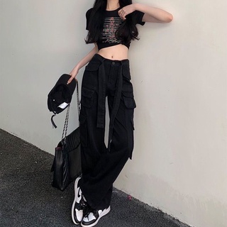 อเมริกันไฮสตรีท ins hip-hop overalls ออกแบบใหม่เฉพาะกางเกงยีนส์ขากว้างหลวมตรง