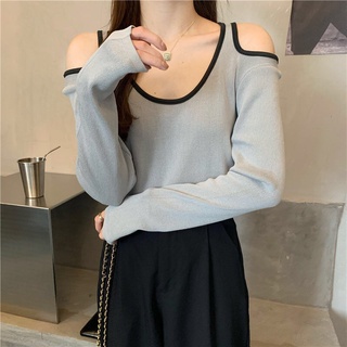 (พร้อมส่ง/ใหม่#8K15)เสื้อยืดแขนยาวแต่งเปิดไหล่แฟชั่นเกาหลี ดีไซน์สวย เซ็กซี่น่ารัก รุ่นขายดี