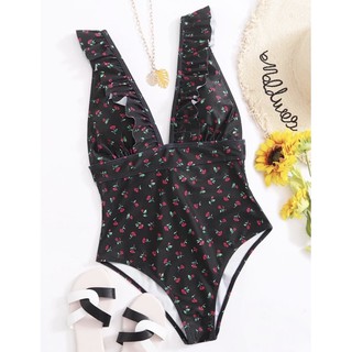 Size S-L New! black onepiece mini red flower พร้อมส่ง