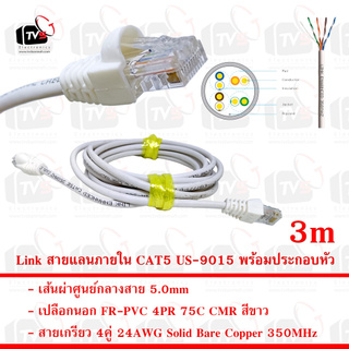 Link สายแลน ภายใน CAT5E US-9015 สายเกรียว 4คู่ 24AWG เปลือกนอก FR-PVC 75C สีขาว 3m พร้อมประกอบหัว