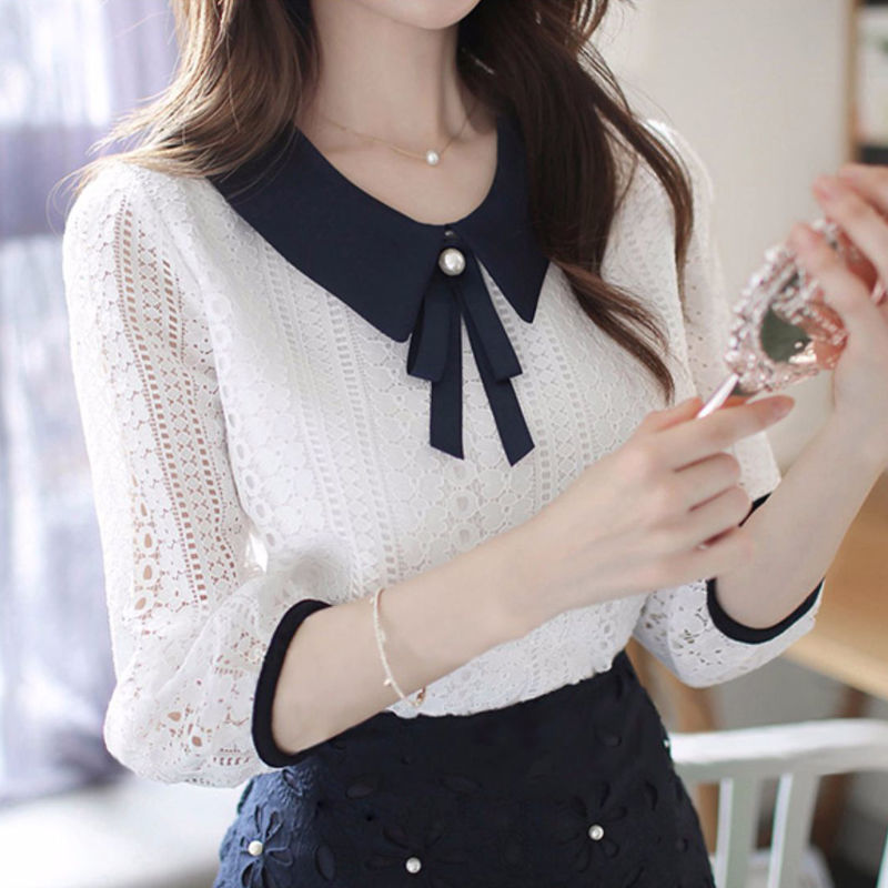 M-5XL ตกแต่งด้วยโบว์ เสื้อเชิ้ตแขนยาว คอตุ๊กตา สไตล์เกาหลี เสื้อผ้าแฟชั่นผู้หญิงลูกไม้ทำงาน เสื้อผ้าสวยๆใส่สบาย - รูปที่ 2