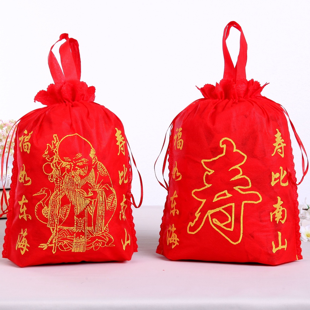 ถุงผ้าสีเเดง ใส่ส้ม ลายภาษาจีน ตรุษจีน ผ้าสปันบอนด์ (แพ็คละ 5ใบ)